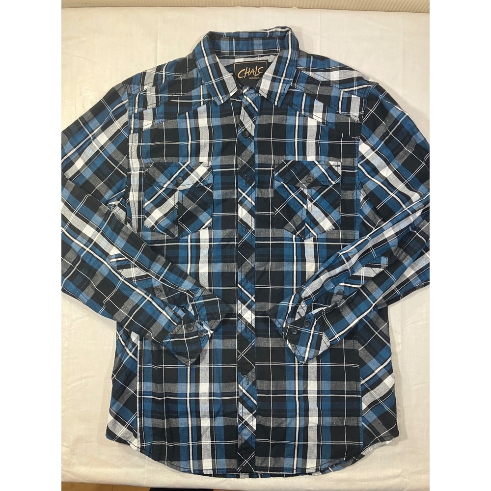 Chalc Authentic Brand Mens Blue Black Plaid Western Button Down Shirt Size M